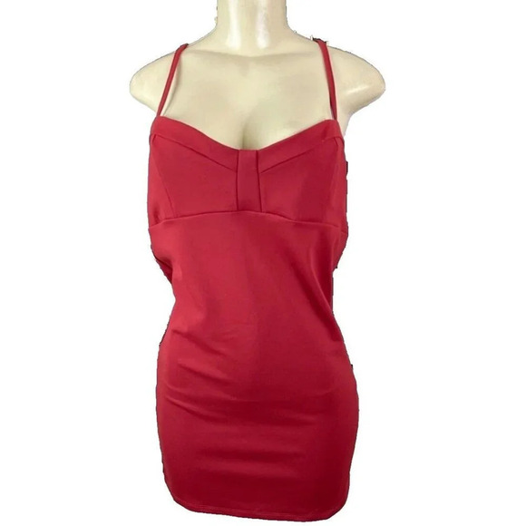 Free People L Crimson Red Sweetheart Neckline Cut-Out Back Body-Con Mini Dress - Picture 2 of 6